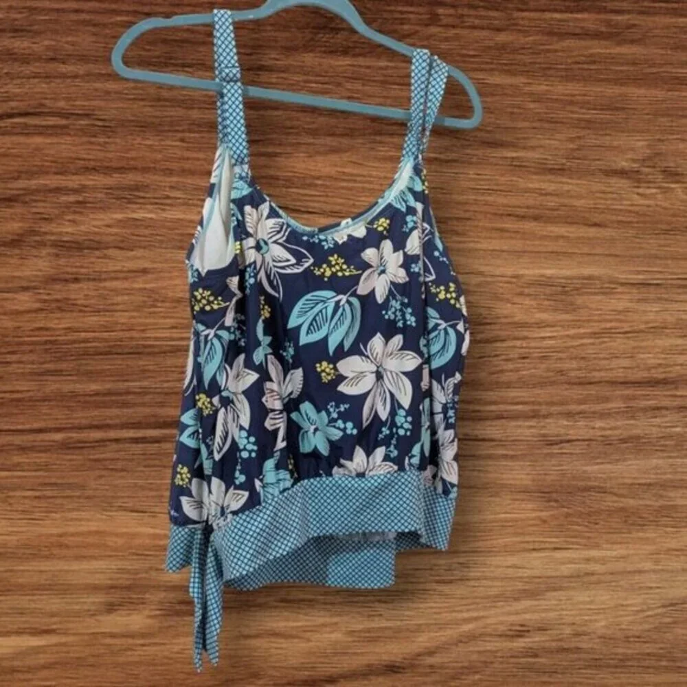 Beach House‎ Woman Floral Tankini Top Navy Blue Turquoise 22W HW12012